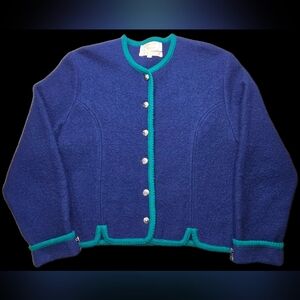 Vintage Tally-Ho 100% Wool Cardigan Blue Alpine Austrian Boiled Wool Sweater Wmn